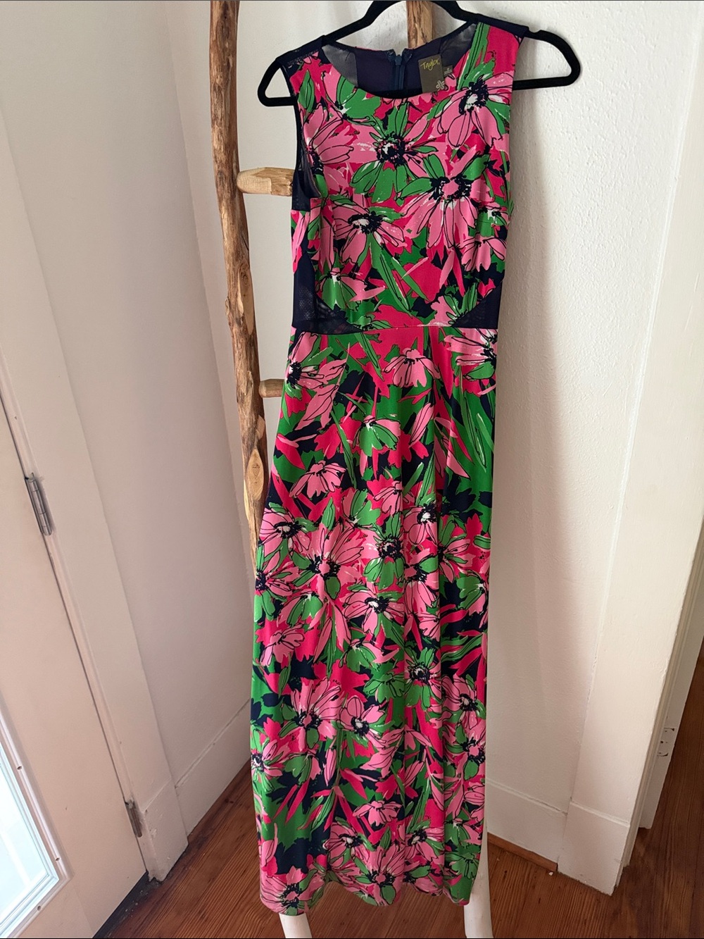 Taylor Vibrant Pink & Green Floral Stretch Jersey Navy Mesh Cutouts Maxi Dress 2